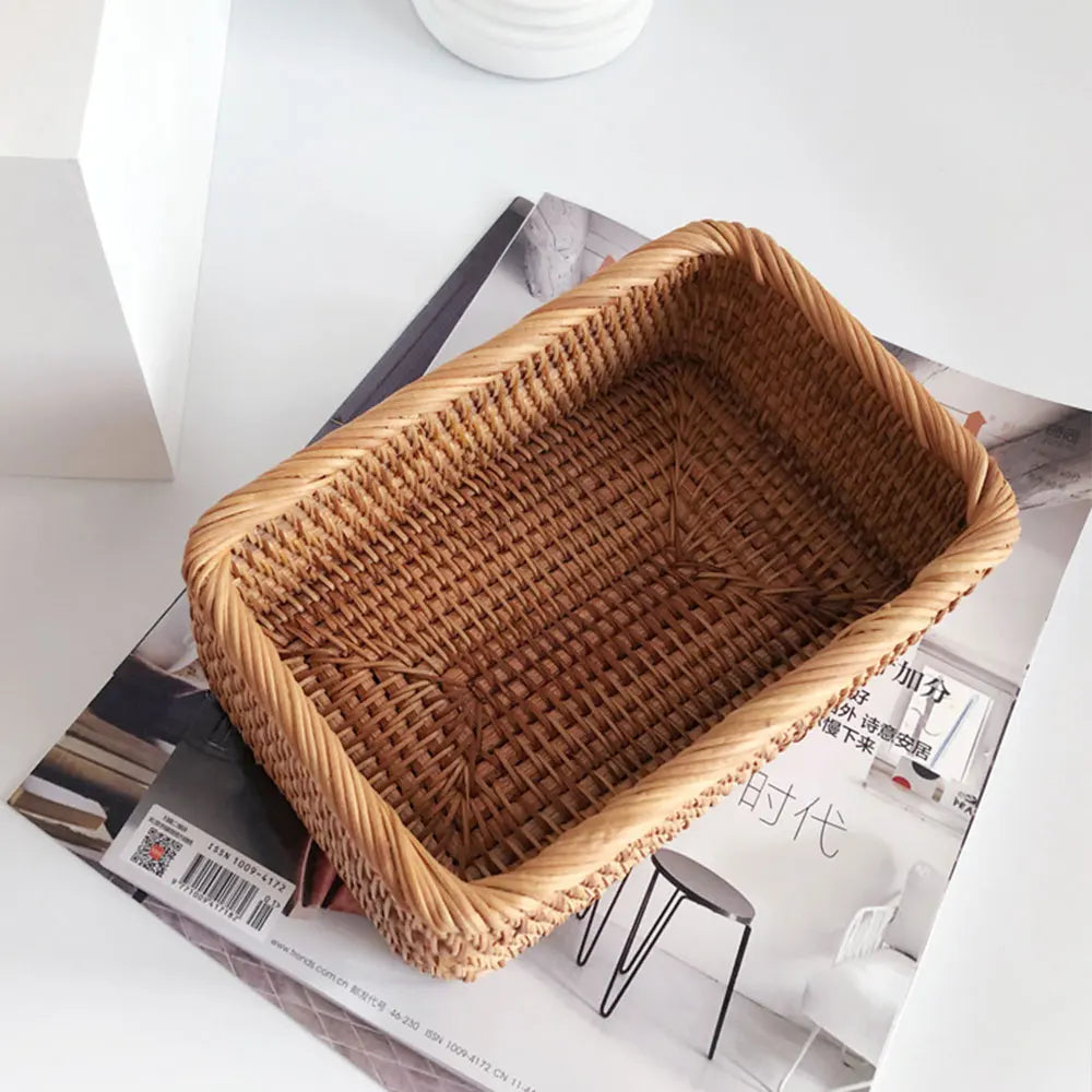 Cesta de vime retangular tecida à mão, frutas, chá, lanche, pão, piquenique, caixa de armazenamento de cosméticos, suprimentos de cozinha, ferramentas domésticas