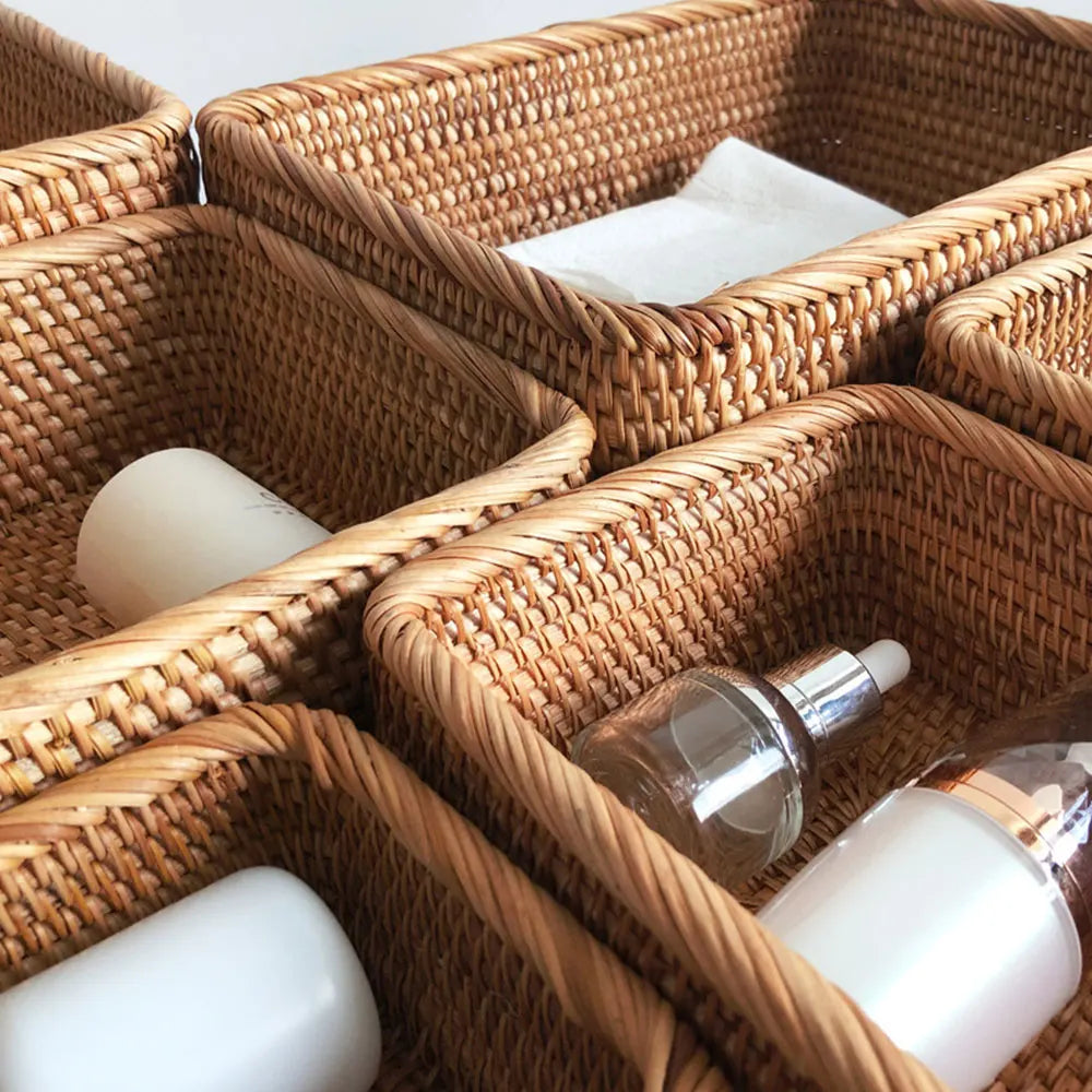 Cesta de vime retangular tecida à mão, frutas, chá, lanche, pão, piquenique, caixa de armazenamento de cosméticos, suprimentos de cozinha, ferramentas domésticas
