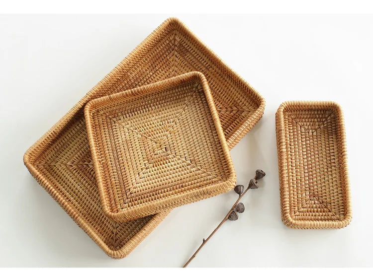 Cesta de armazenamento de vime tecida à mão bandeja de vime quadrada cesta de piquenique pão prato de comida bolo de frutas, caixa de artigos diversos, decoração de mesa de casa