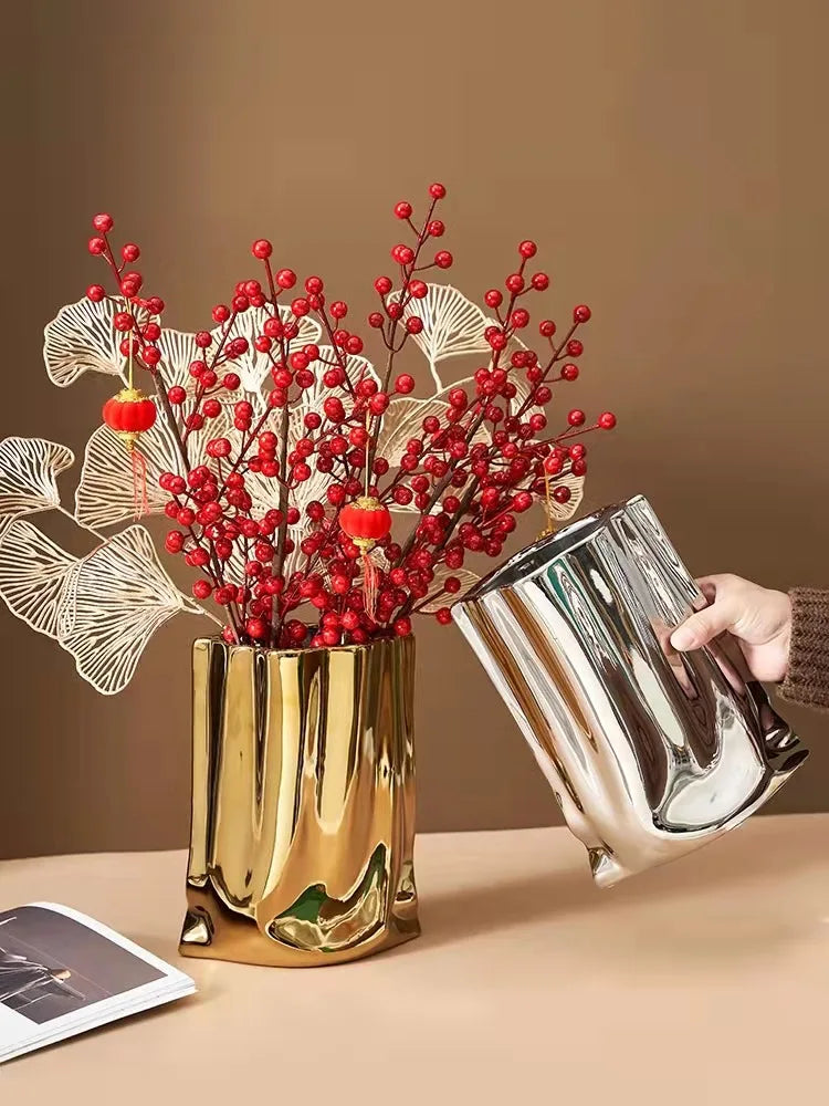 Prata ruffled flor vaso de cerâmica porcelana arranjo flor decoração saco forma terrário vasos decoração para casa