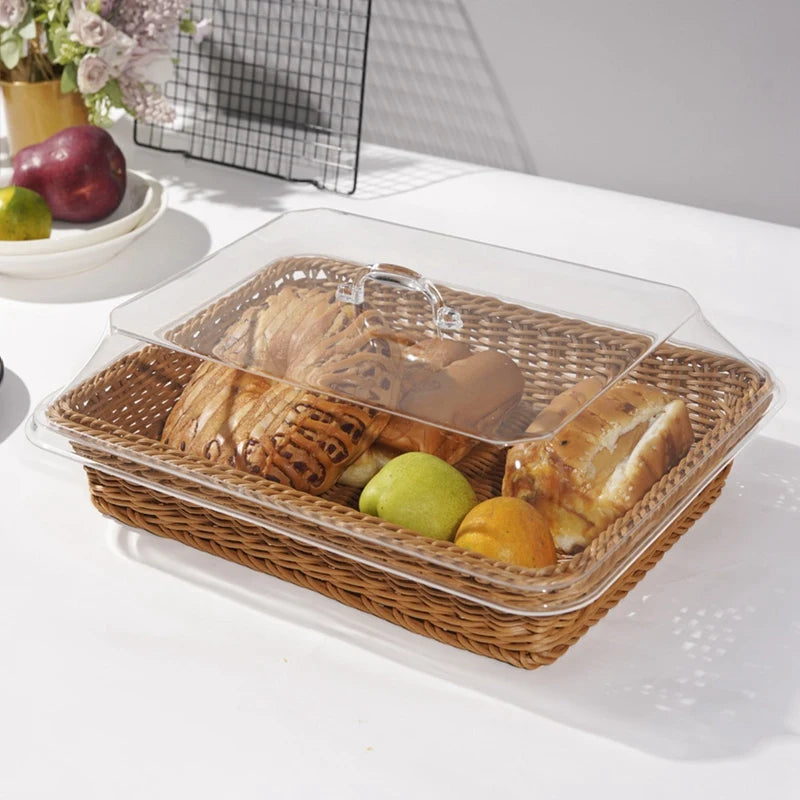 Cesta de vime tecida cesta de pão com tampa acrílica cesta de frutas tecida de mesa com capa imitação de cesta de pão de rattan decoração