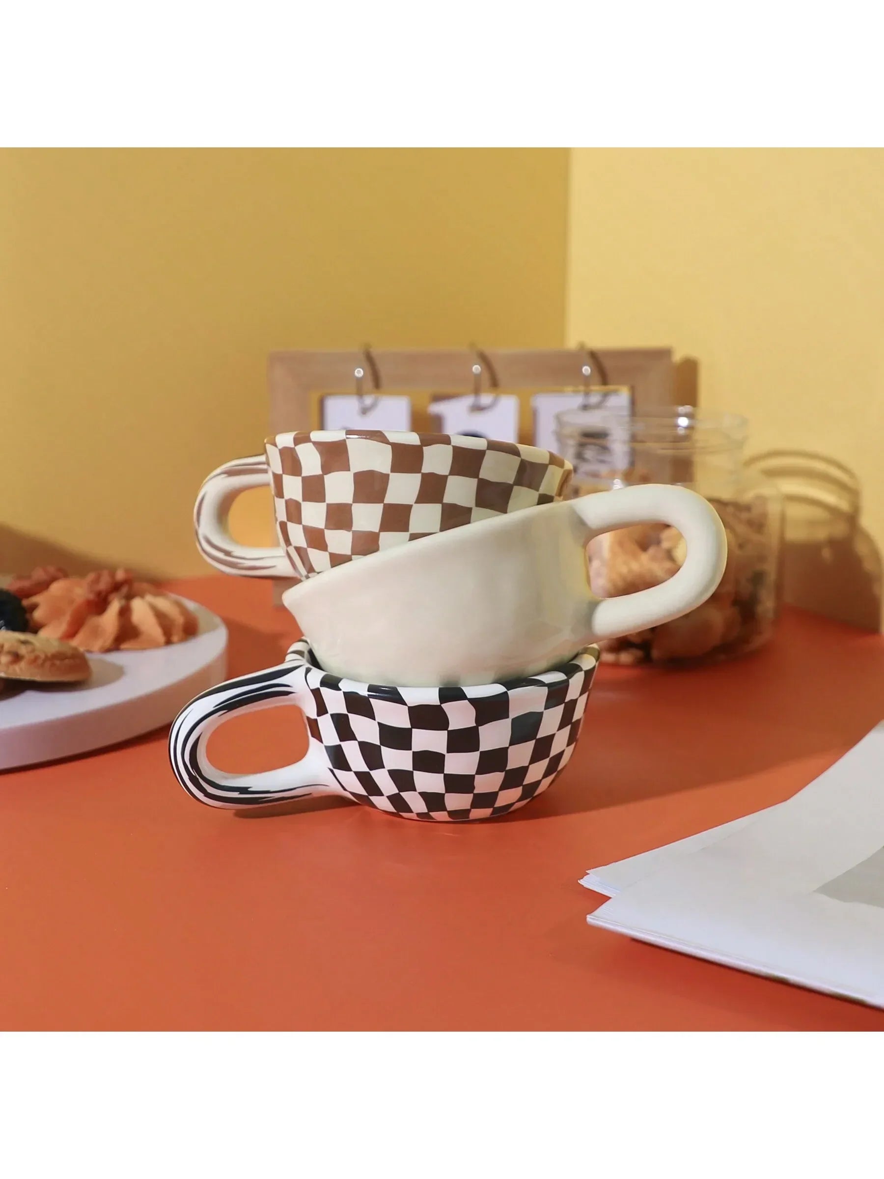 1pc criativo cerâmica xadrez padrão xícara de chá, xícara de café xadrez irregular