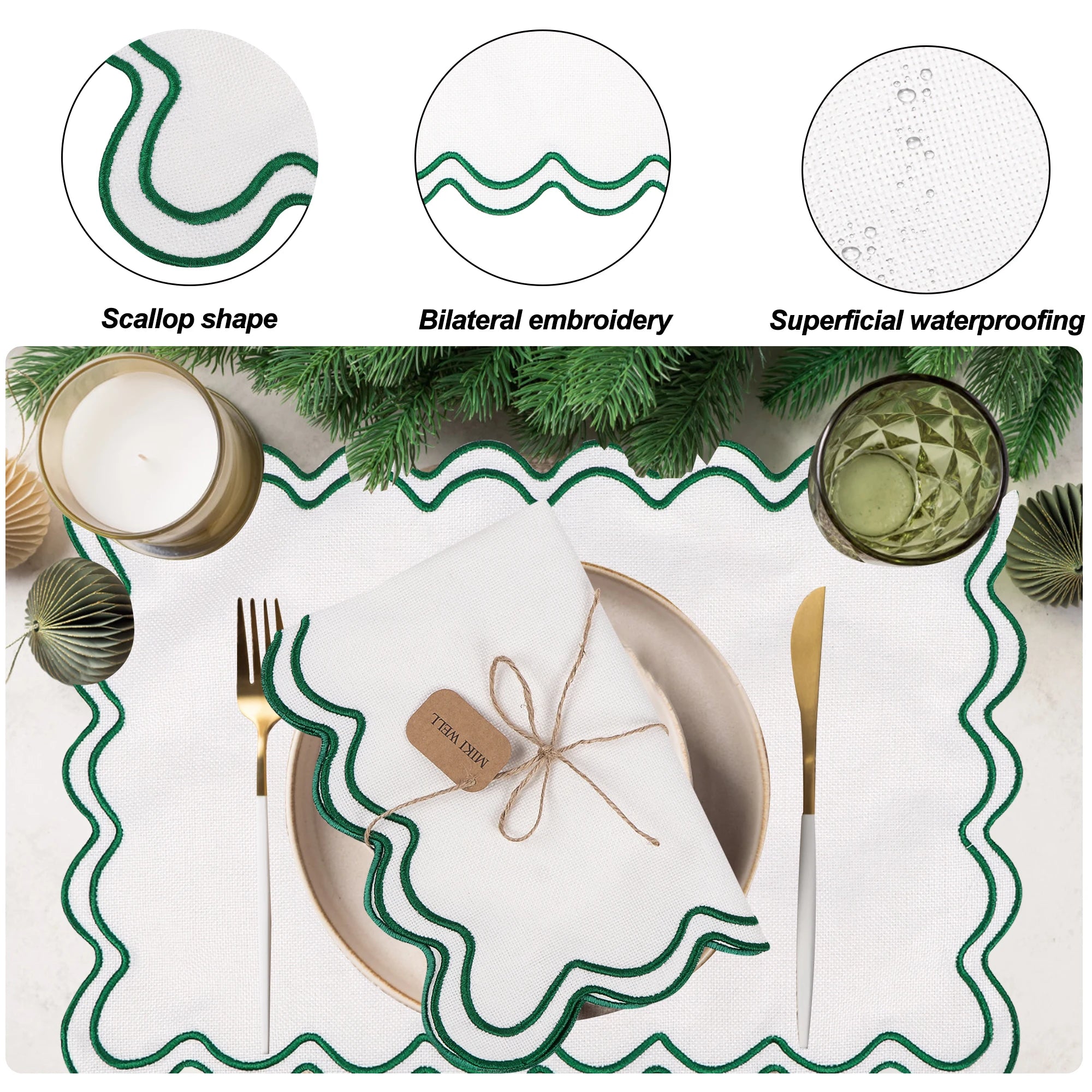 Conjuntos americanos de linho de algodão, conjunto de 6, 13 ''x 19'' bordados ondulados, placemats recortados, laváveis, rústicos, à prova d'água, para jantar