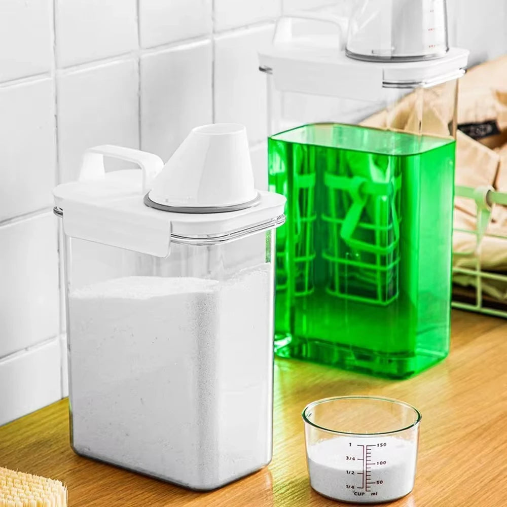 Dispensador hermético de detergente para roupas, caixa de armazenamento de pó, recipiente transparente para líquidos com tampas, jarra