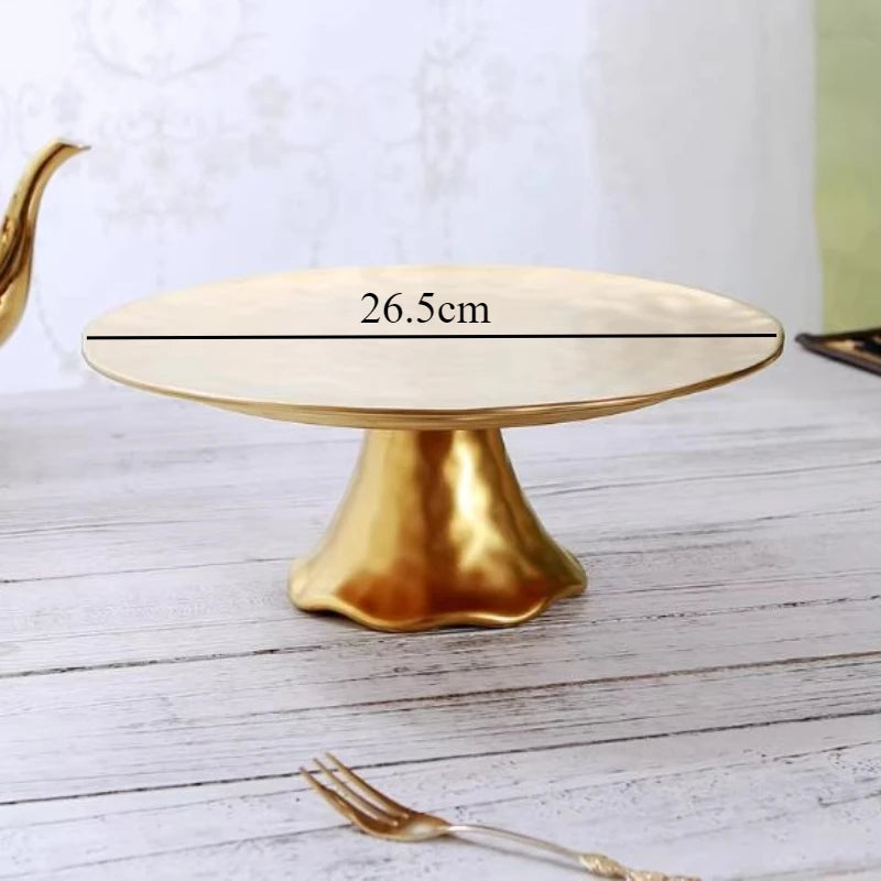 Prato de frutas dourado com pés altos, prato decorativo de cerâmica, bandeja de lanche, tigela de sobremesa, suporte de bolo, prato de pastelaria