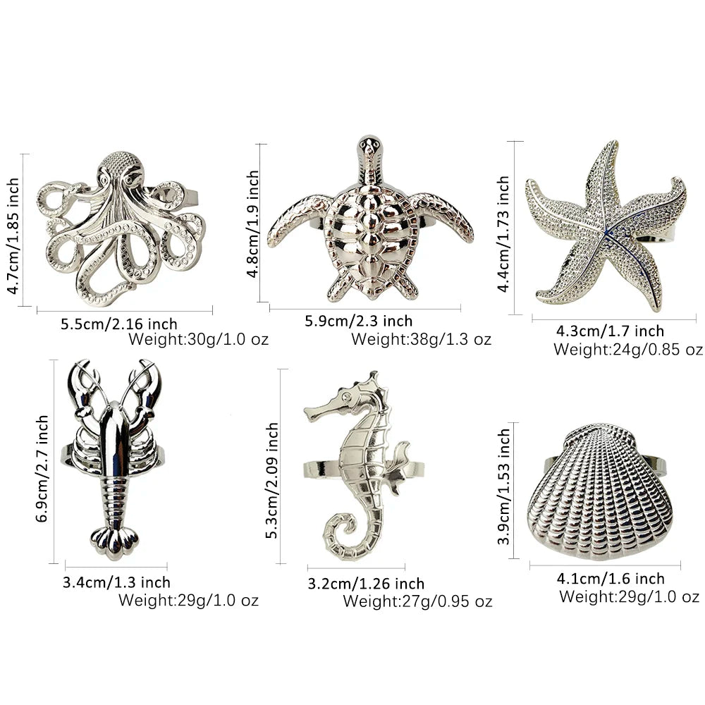 Criaturas do mar costeiro guardanapo de metal anéis 6 pçs azul náutico guardanapo suportes para casa decoração mesa jantar banqu