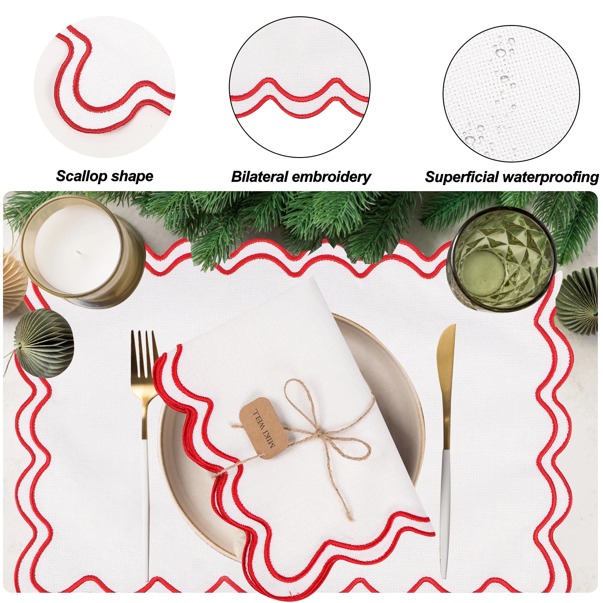 Conjuntos americanos de linho de algodão, conjunto de 6, 13 ''x 19'' bordados ondulados, placemats recortados, laváveis, rústicos, à prova d'água, para jantar
