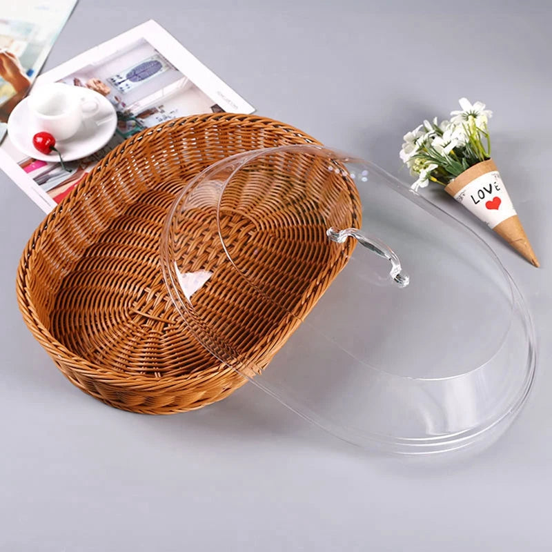 Cesta de vime tecida cesta de pão com tampa acrílica cesta de frutas tecida de mesa com capa imitação de cesta de pão de rattan decoração