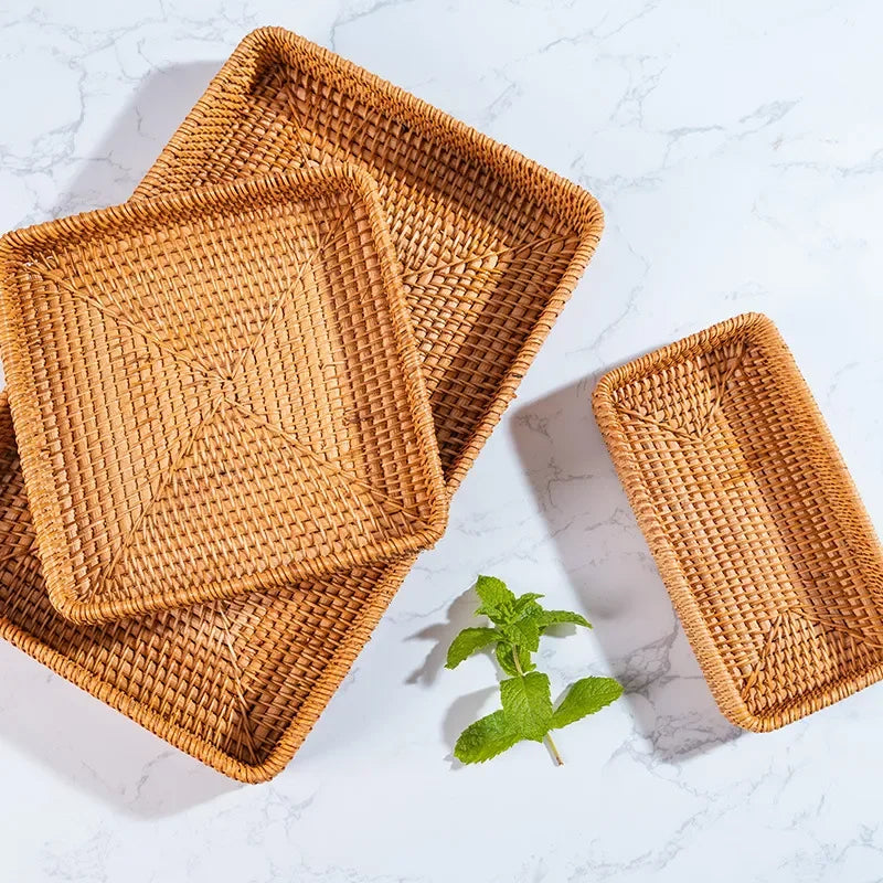 Cesta de armazenamento de vime tecida à mão bandeja de vime quadrada cesta de piquenique pão prato de comida bolo de frutas, caixa de artigos diversos, decoração de mesa de casa