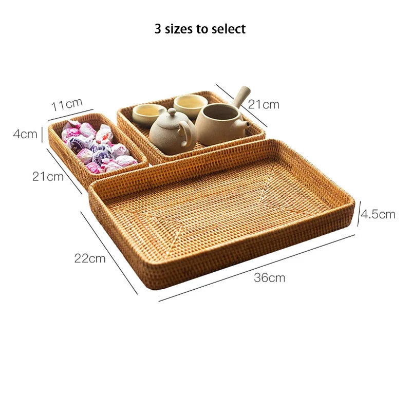 Cesta de armazenamento de vime tecida à mão bandeja de vime quadrada cesta de piquenique pão prato de comida bolo de frutas, caixa de artigos diversos, decoração de mesa de casa