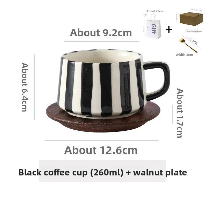 Conjunto de xícara de café cerâmica listrada criativa, para escritório, chá da tarde, latte fino, presente artesanal, combinação de xícara e prato