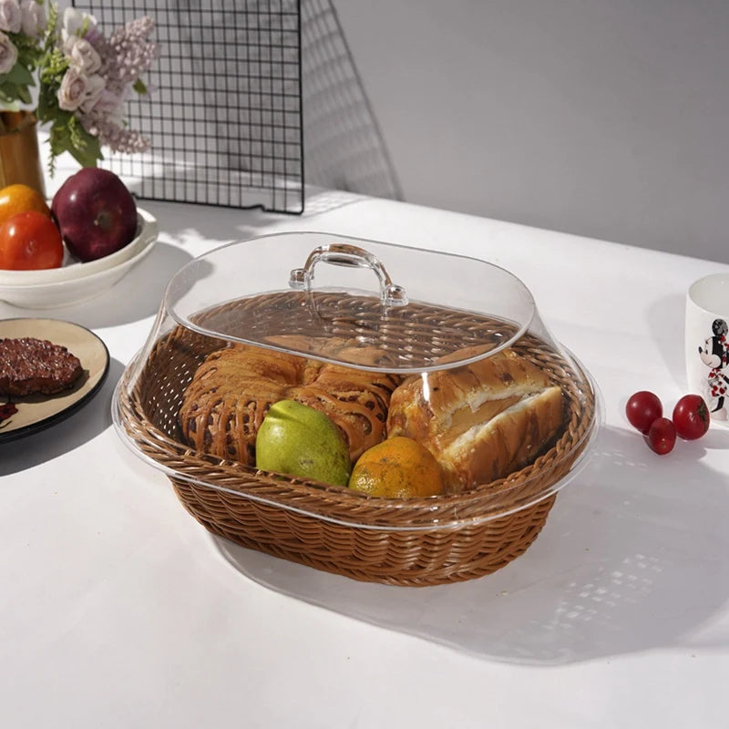 Cesta de vime tecida cesta de pão com tampa acrílica cesta de frutas tecida de mesa com capa imitação de cesta de pão de rattan decoração