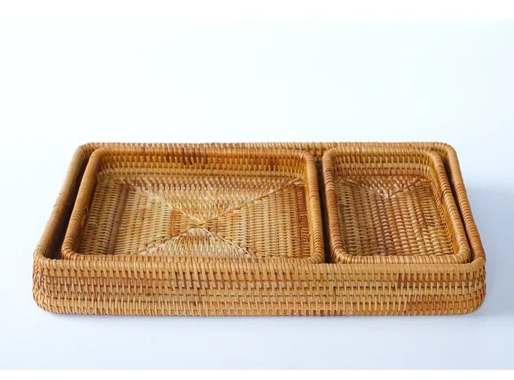 Cesta de armazenamento de vime tecida à mão bandeja de vime quadrada cesta de piquenique pão prato de comida bolo de frutas, caixa de artigos diversos, decoração de mesa de casa