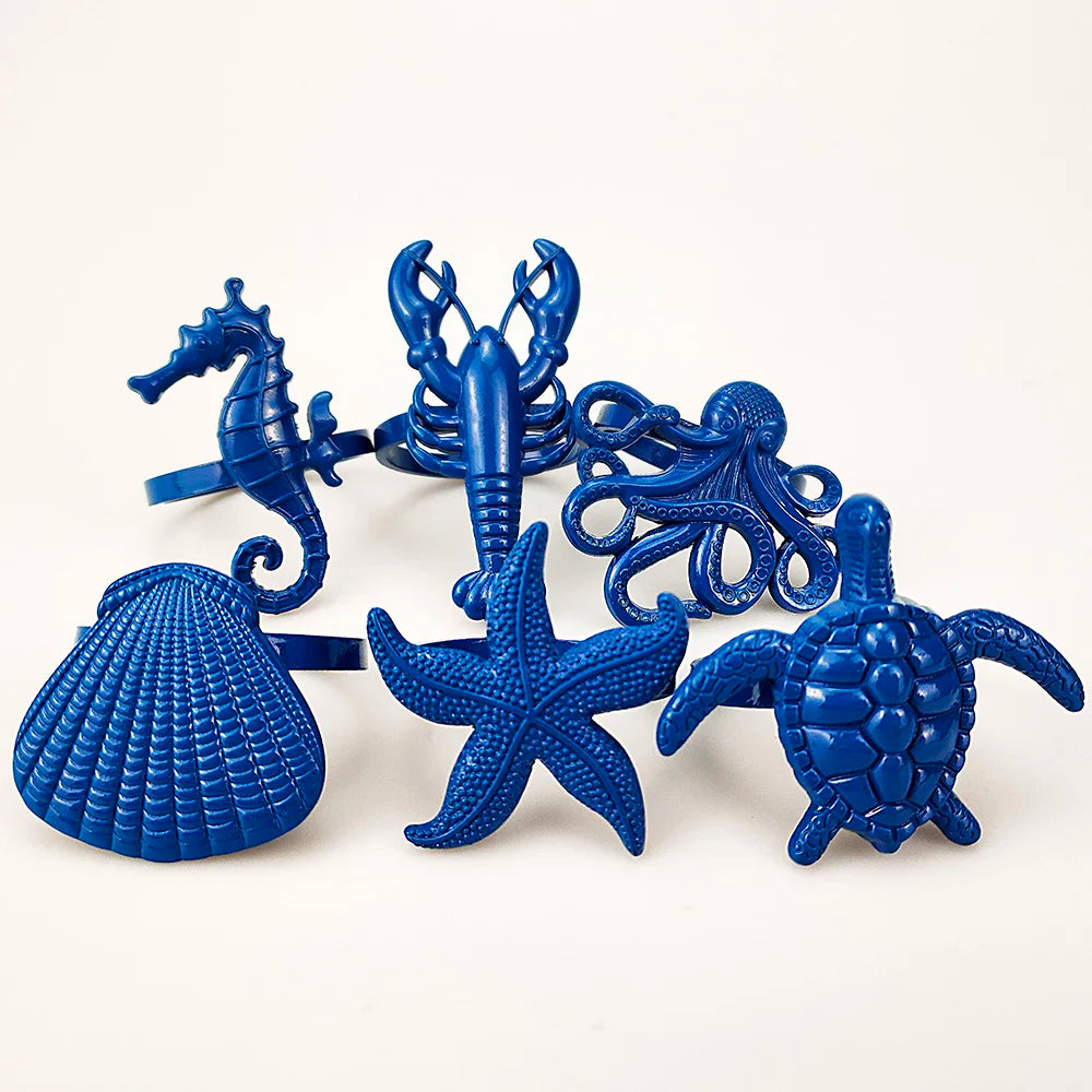 Criaturas do mar costeiro guardanapo de metal anéis 6 pçs azul náutico guardanapo suportes para casa decoração mesa jantar banqu