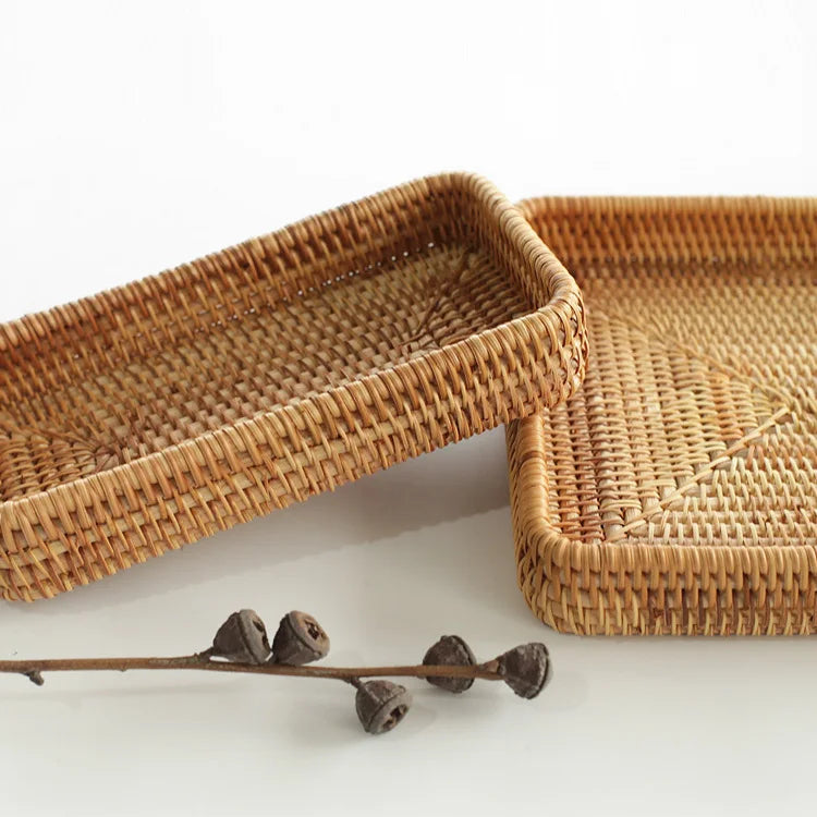 Cesta de armazenamento de vime tecida à mão bandeja de vime quadrada cesta de piquenique pão prato de comida bolo de frutas, caixa de artigos diversos, decoração de mesa de casa