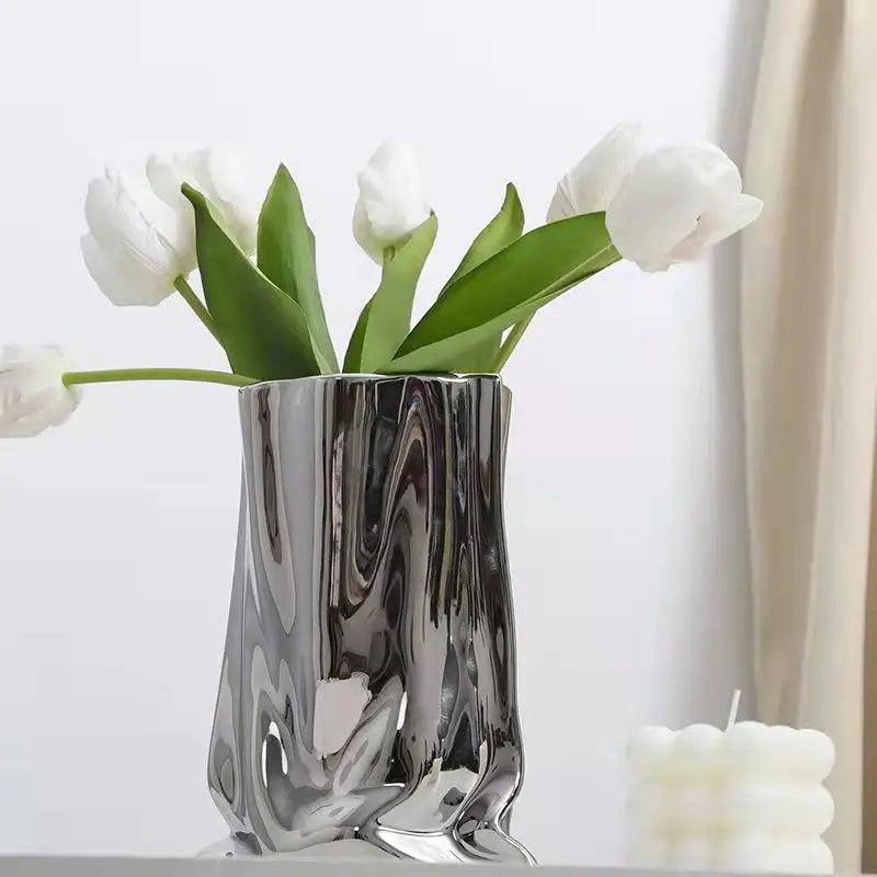 Prata ruffled flor vaso de cerâmica porcelana arranjo flor decoração saco forma terrário vasos decoração para casa