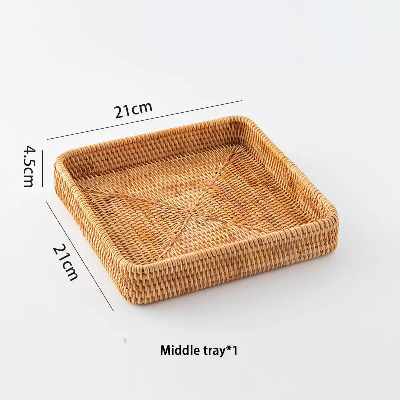 Cesta de armazenamento de vime tecida à mão bandeja de vime quadrada cesta de piquenique pão prato de comida bolo de frutas, caixa de artigos diversos, decoração de mesa de casa