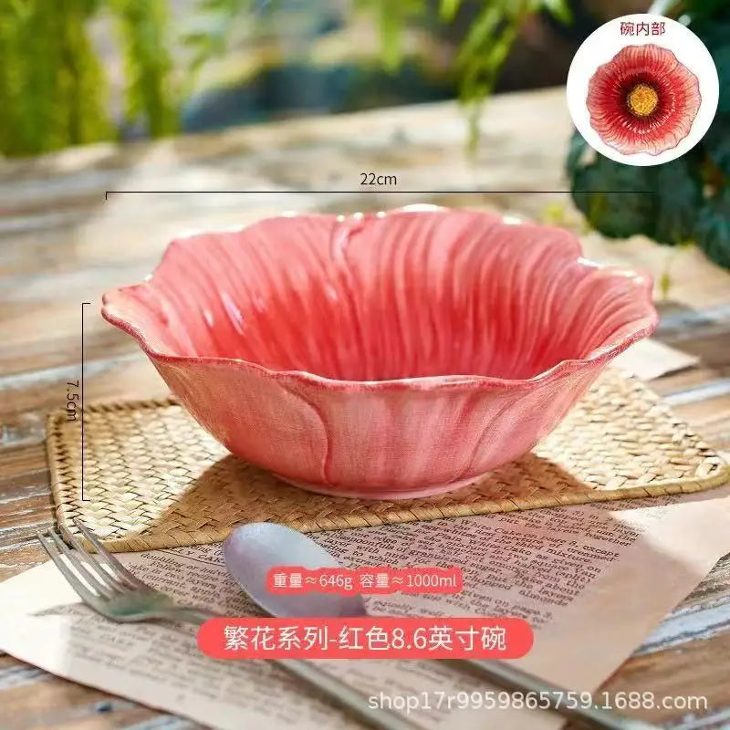 Prato de cerâmica rosa, prato de jantar, tigela decorativa, sobremesa, tigelas de sopa, copo de água, pratos de servir, tigela de frutas, lanche