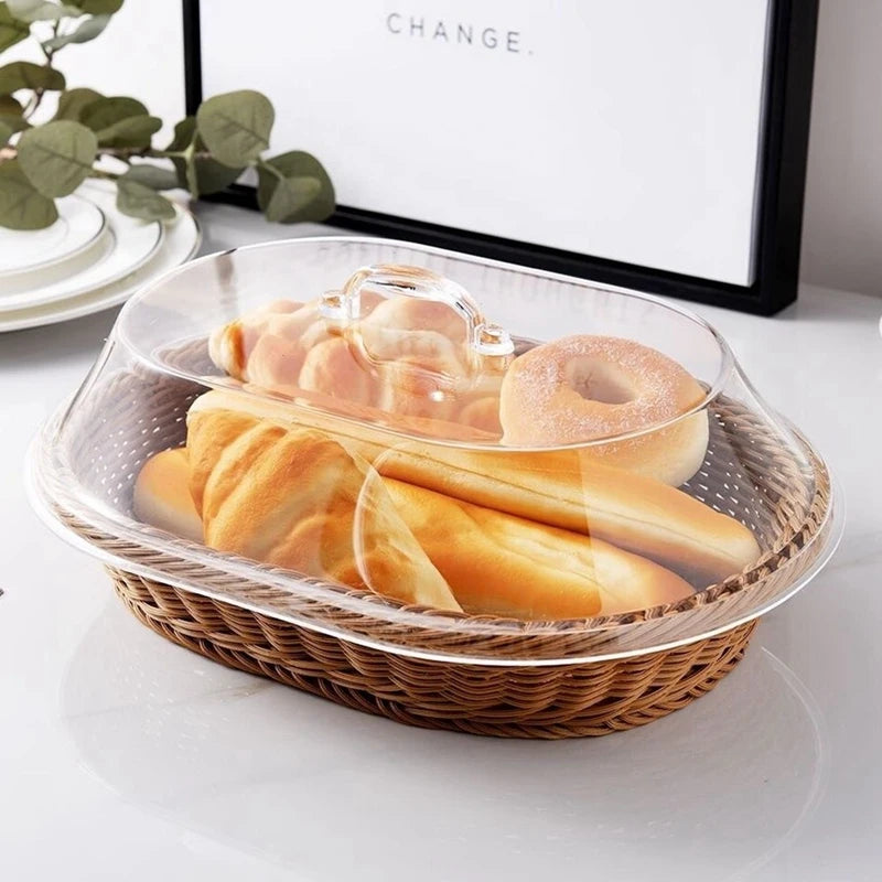 Cesta de vime tecida cesta de pão com tampa acrílica cesta de frutas tecida de mesa com capa imitação de cesta de pão de rattan decoração