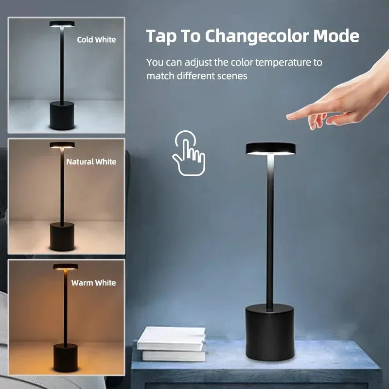 Candeeiro de Mesa LED com Sensor de Toque, Luminária de Mesa Recarregável, Cabeceira Ajustável, Luz Ambiente Criativa, Decoração do Quarto Bar, Simples, 3 Cores