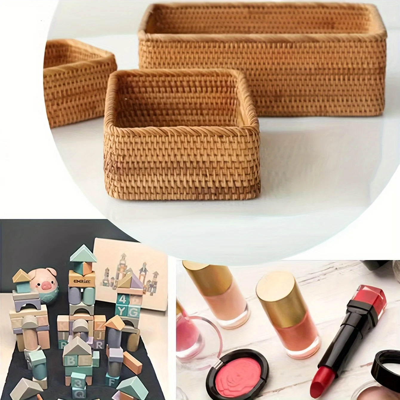Cesta de armazenamento de vime natural tecida à mão, cesta decorativa marrom claro para banheiro, cozinha, sala de estar, cesta multifuncional de frutas e lanche, decoração de casa de alta qualidade, organização de banh