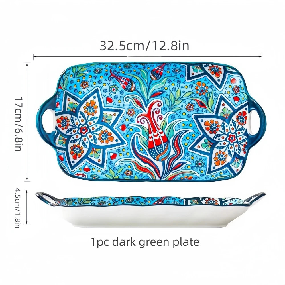 Prato de peixe de cerâmica estilo boêmio com alça: bandeja retangular de mesa de jantar de 12,8 polegadas, adequado para micro-ondas e forno, 1 peça