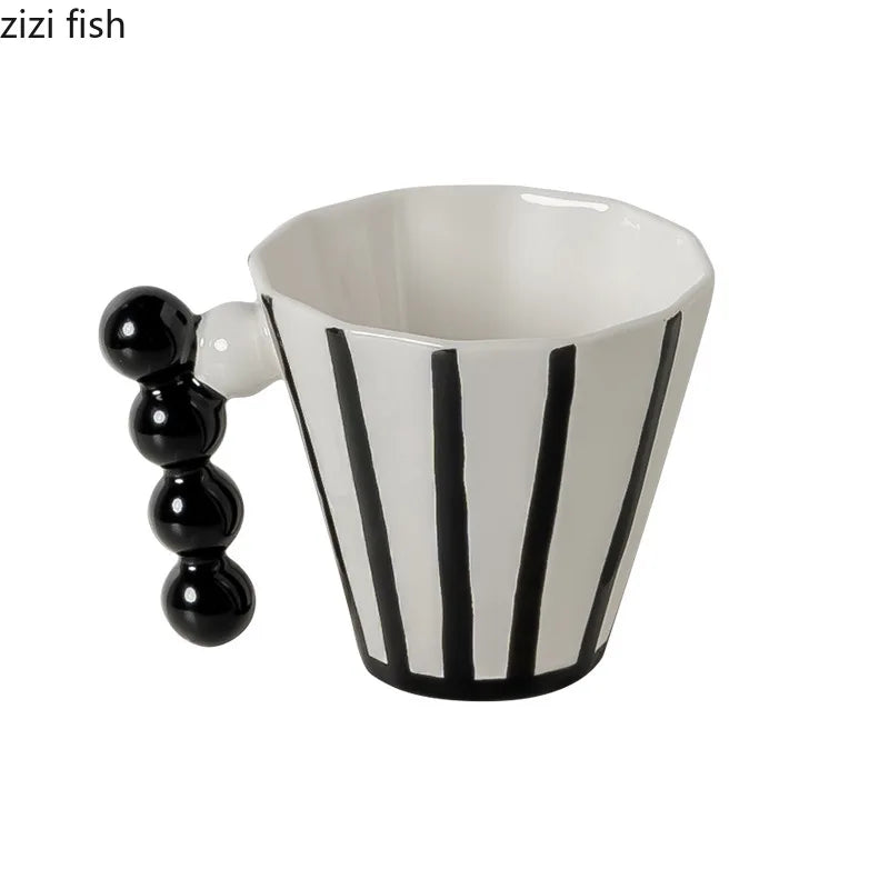 Caneca cerâmica listrada retro com alça criativa, copo de alta beleza para café latte, copo de bebidas para casa, café da manhã copos para casal