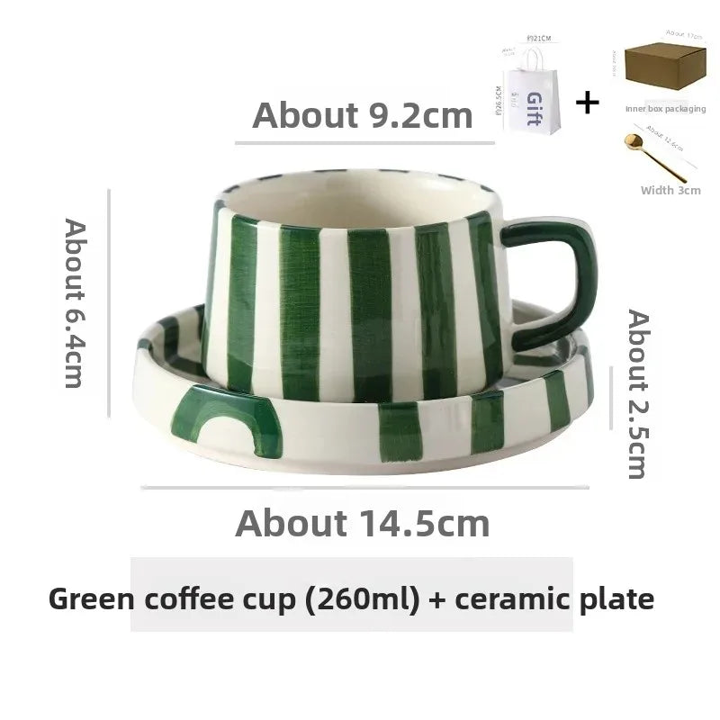 Conjunto de xícara de café cerâmica listrada criativa, para escritório, chá da tarde, latte fino, presente artesanal, combinação de xícara e prato