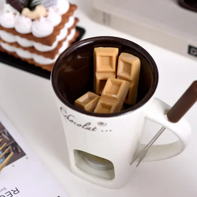 130ml europeu vela copo queijo chocolate derretendo caneca de cerâmica aquecimento comida caneca cerâmica com garfo criativo caneca de café utensílios de mesa