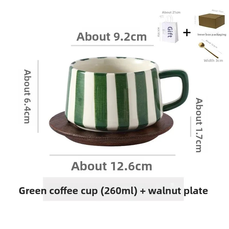 Conjunto de xícara de café cerâmica listrada criativa, para escritório, chá da tarde, latte fino, presente artesanal, combinação de xícara e prato