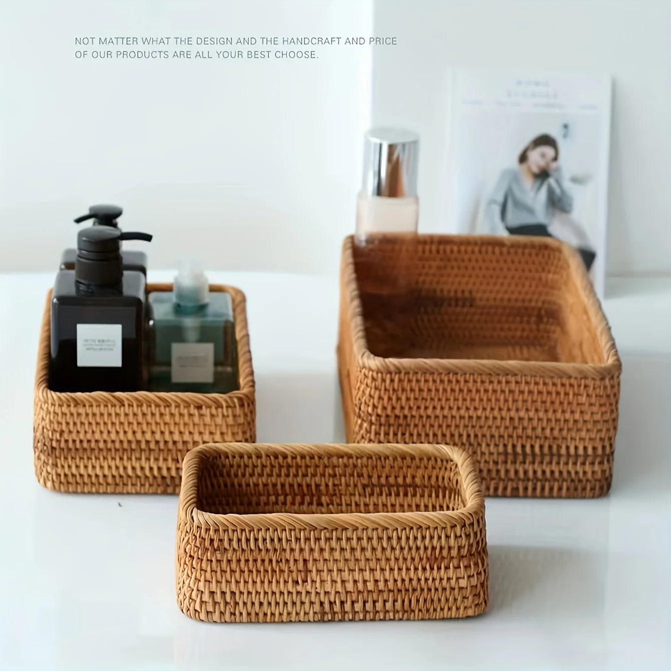 Cesta de armazenamento de vime natural tecida à mão, cesta decorativa marrom claro para banheiro, cozinha, sala de estar, cesta multifuncional de frutas e lanche, decoração de casa de alta qualidade, organização de banh
