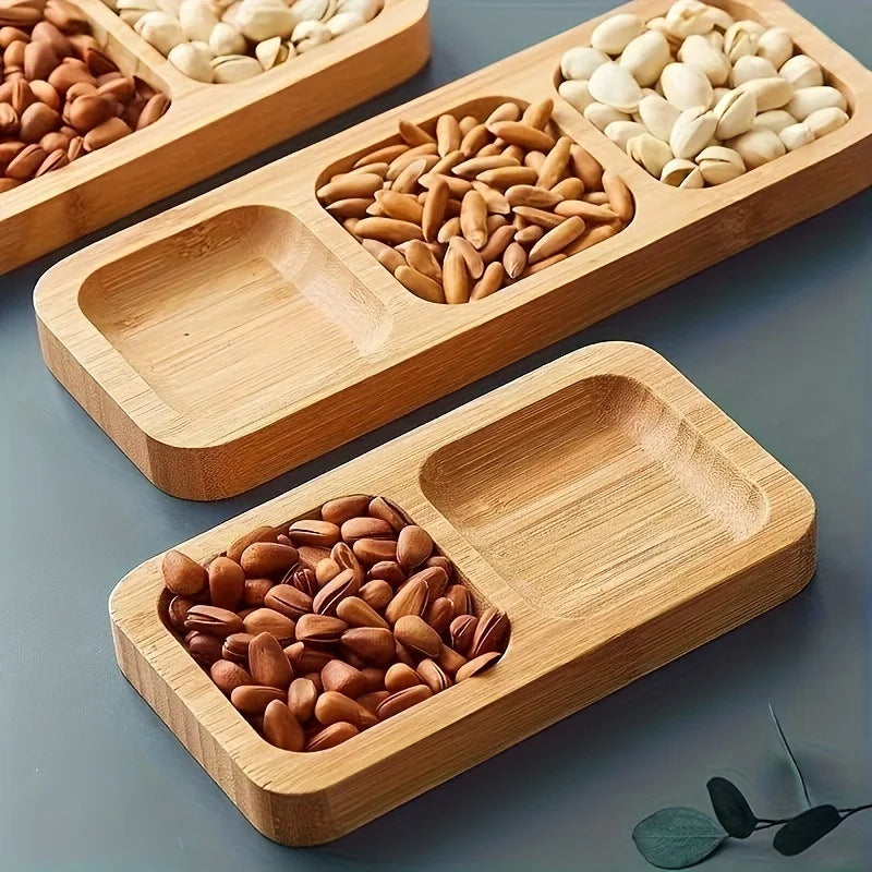 Bandeja de bambu para servir lanche de 4 seções, ideal para nozes, frutas e doces, área de jantar ou decoração de sala de chá zen, 1 peça