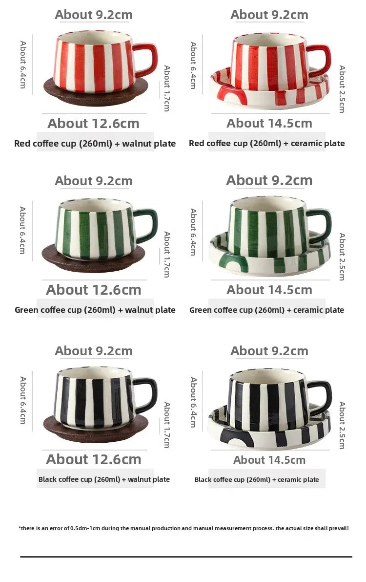 Conjunto de xícara de café cerâmica listrada criativa, para escritório, chá da tarde, latte fino, presente artesanal, combinação de xícara e prato