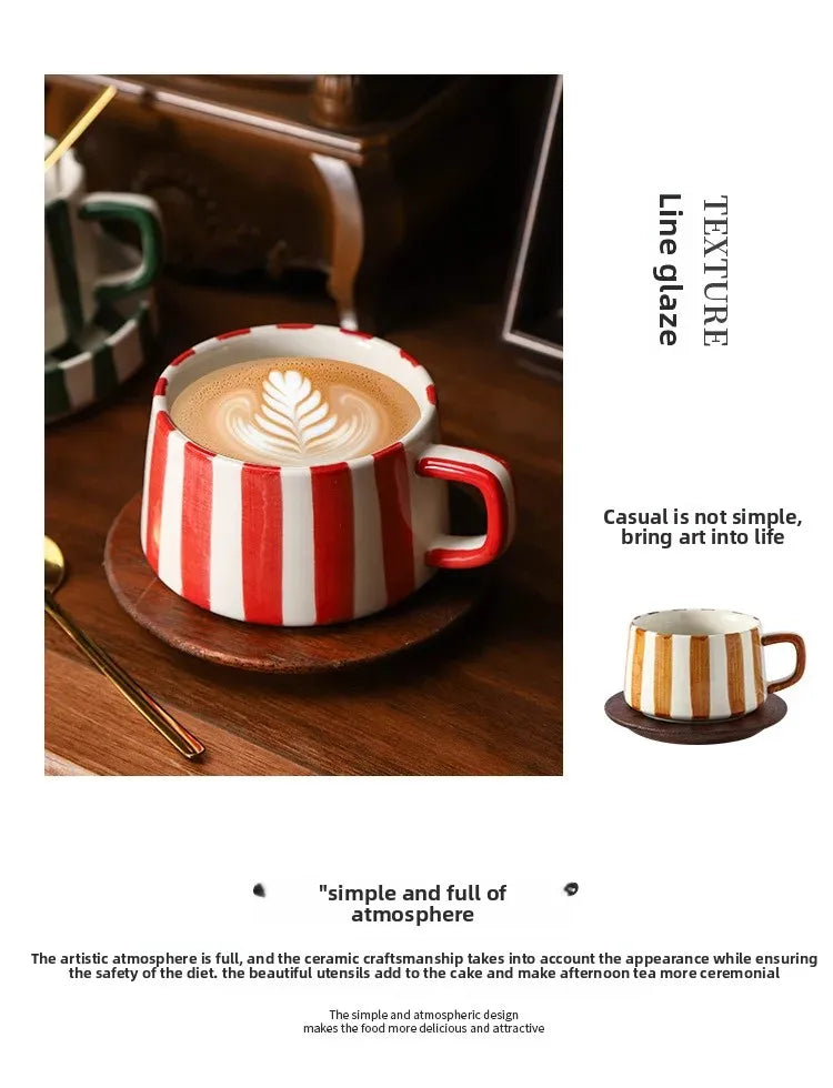Conjunto de xícara de café cerâmica listrada criativa, para escritório, chá da tarde, latte fino, presente artesanal, combinação de xícara e prato