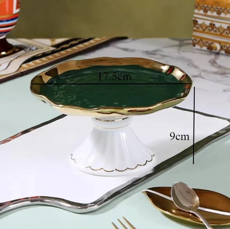 Prato de frutas dourado com pés altos, prato decorativo de cerâmica, bandeja de lanche, tigela de sobremesa, suporte de bolo, prato de pastelaria