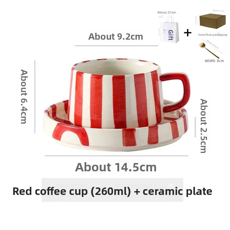 Conjunto de xícara de café cerâmica listrada criativa, para escritório, chá da tarde, latte fino, presente artesanal, combinação de xícara e prato