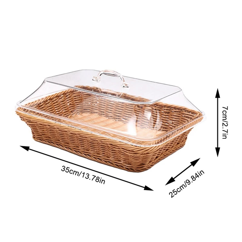 Cesta de vime tecida cesta de pão com tampa acrílica cesta de frutas tecida de mesa com capa imitação de cesta de pão de rattan decoração