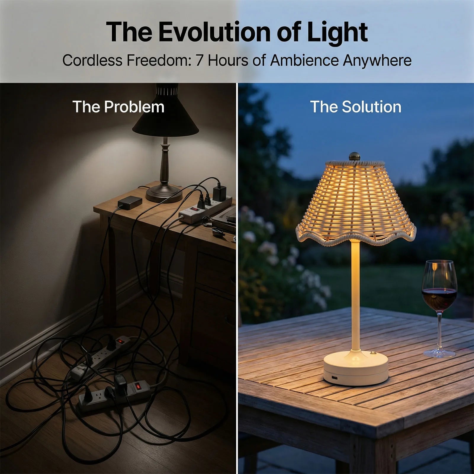 Luminária de Mesa Vintage LED de Rattan com 3 Cores, Abajur de Vime Sem Fio, Luz Noturna de Cabeceira com Brilho Ajustável para Quarto