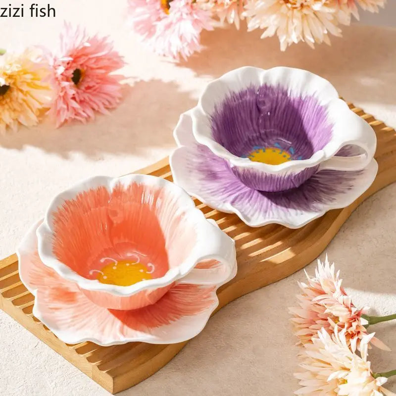 Caneca de Cerâmica Floral Pintada à Mão 300ml | Com Pires