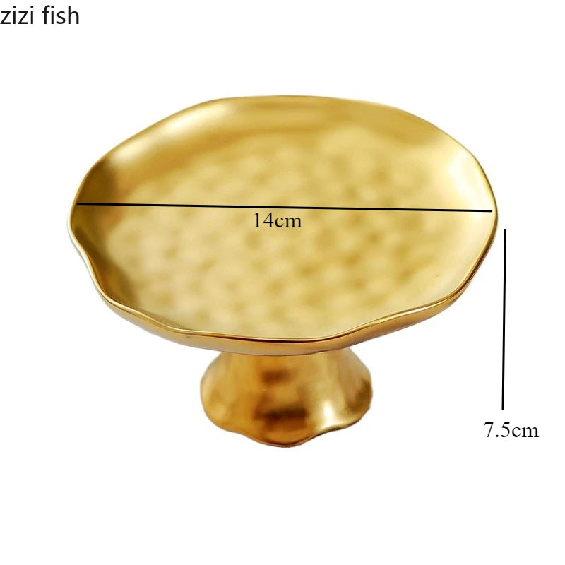Prato de frutas dourado com pés altos, prato decorativo de cerâmica, bandeja de lanche, tigela de sobremesa, suporte de bolo, prato de pastelaria