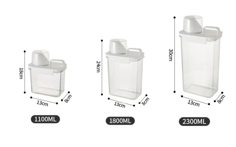 Dispensador hermético de detergente para roupas, caixa de armazenamento de pó, recipiente transparente para líquidos com tampas, jarra