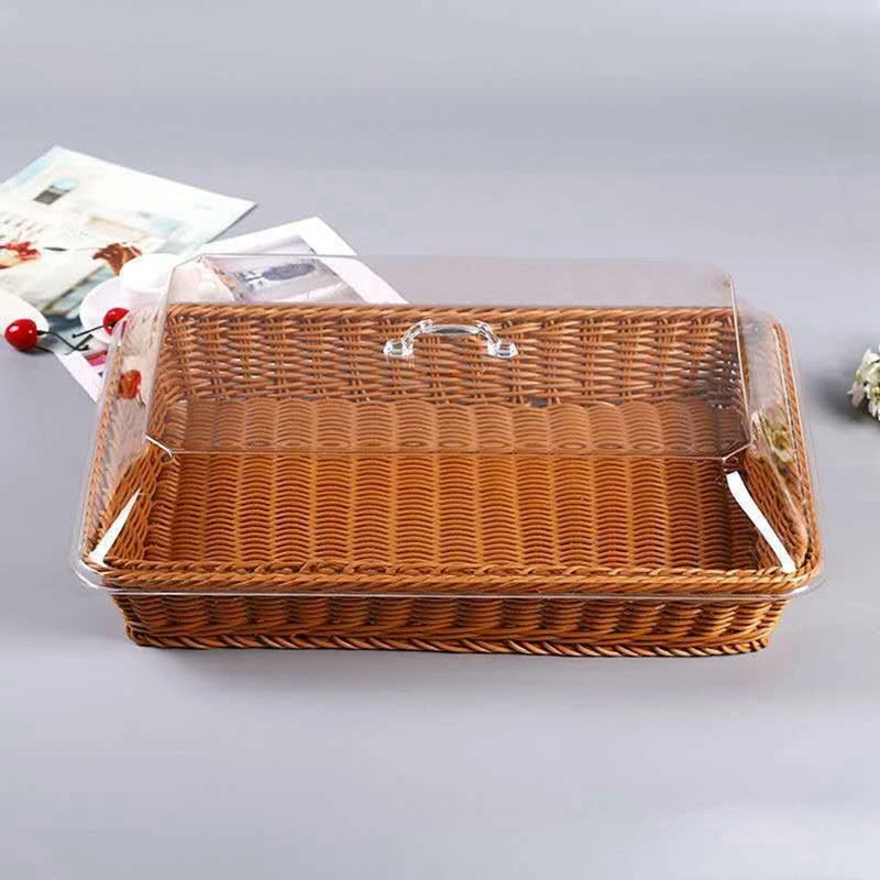 Cesta de vime tecida cesta de pão com tampa acrílica cesta de frutas tecida de mesa com capa imitação de cesta de pão de rattan decoração