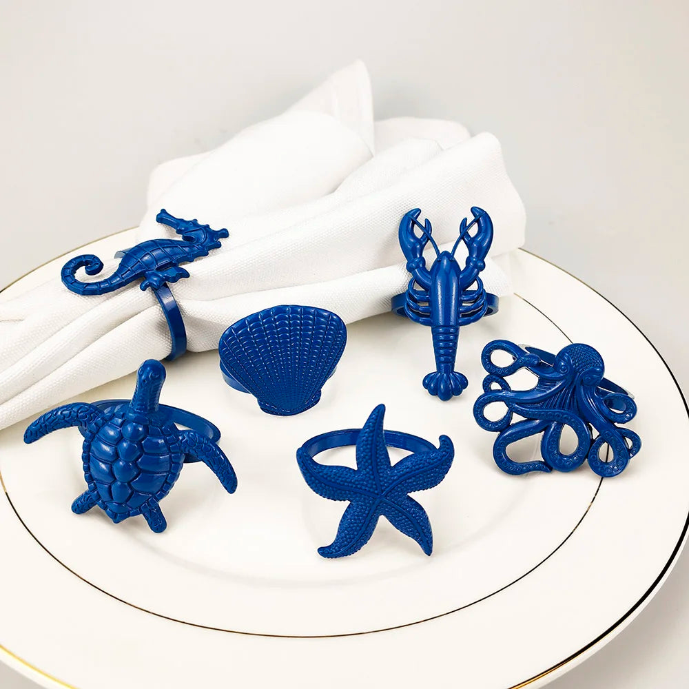 Criaturas do mar costeiro guardanapo de metal anéis 6 pçs azul náutico guardanapo suportes para casa decoração mesa jantar banqu