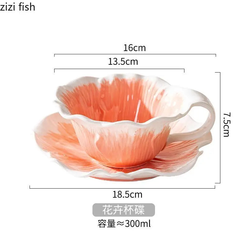 Caneca de Cerâmica Floral Pintada à Mão 300ml | Com Pires