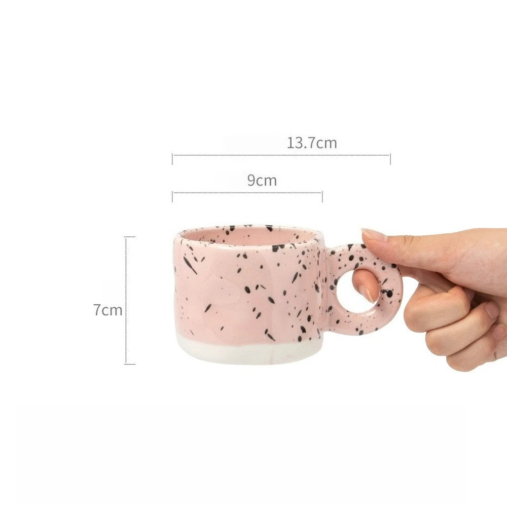 Caneca de cerâmica com tinta respingo irregular, alça artesanal, xícara de café, leite, casal, casa, escritório, decoração, punho de porcelana