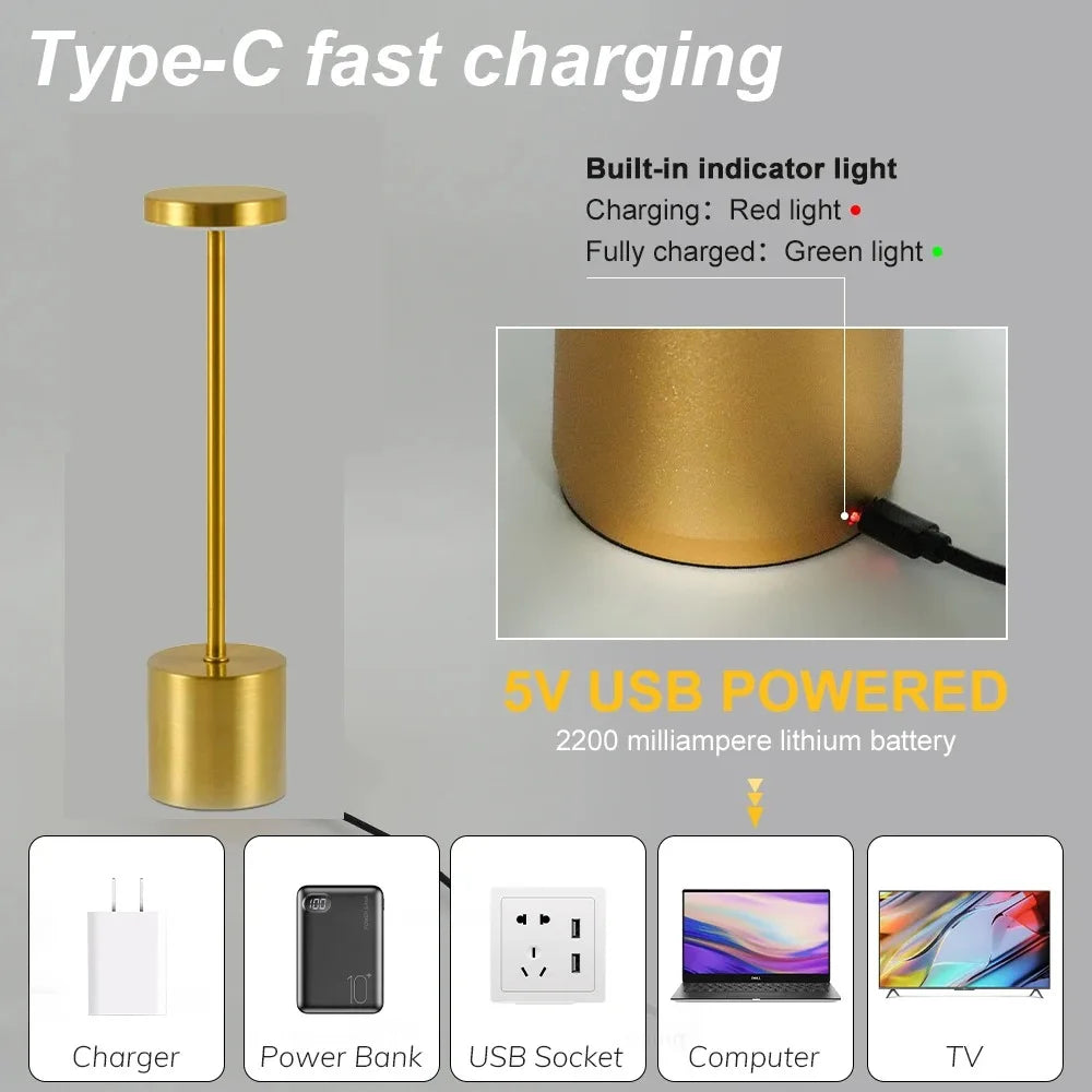 Candeeiro de Mesa LED com Sensor de Toque, Luminária de Mesa Recarregável, Cabeceira Ajustável, Luz Ambiente Criativa, Decoração do Quarto Bar, Simples, 3 Cores