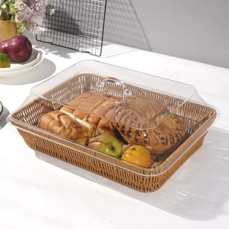 Cesta de vime tecida cesta de pão com tampa acrílica cesta de frutas tecida de mesa com capa imitação de cesta de pão de rattan decoração