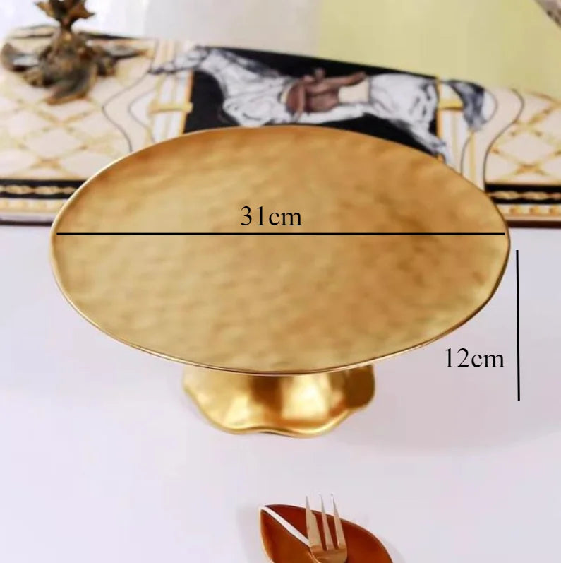 Prato de frutas dourado com pés altos, prato decorativo de cerâmica, bandeja de lanche, tigela de sobremesa, suporte de bolo, prato de pastelaria
