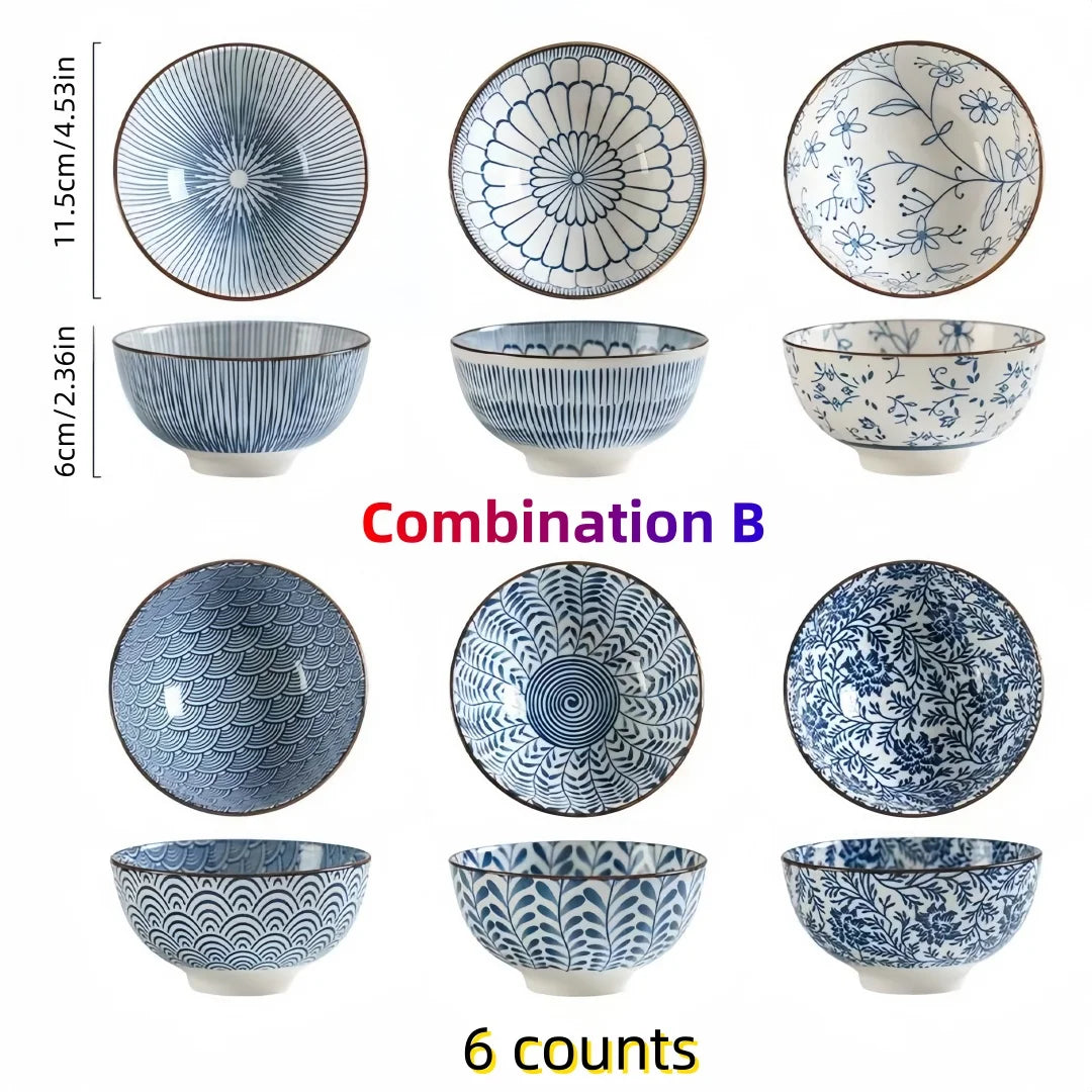Tigela de cerâmica japonesa azul e branca pintada à mão de 4,5 polegadas, tigela de arroz estilo retrô para uso doméstico.