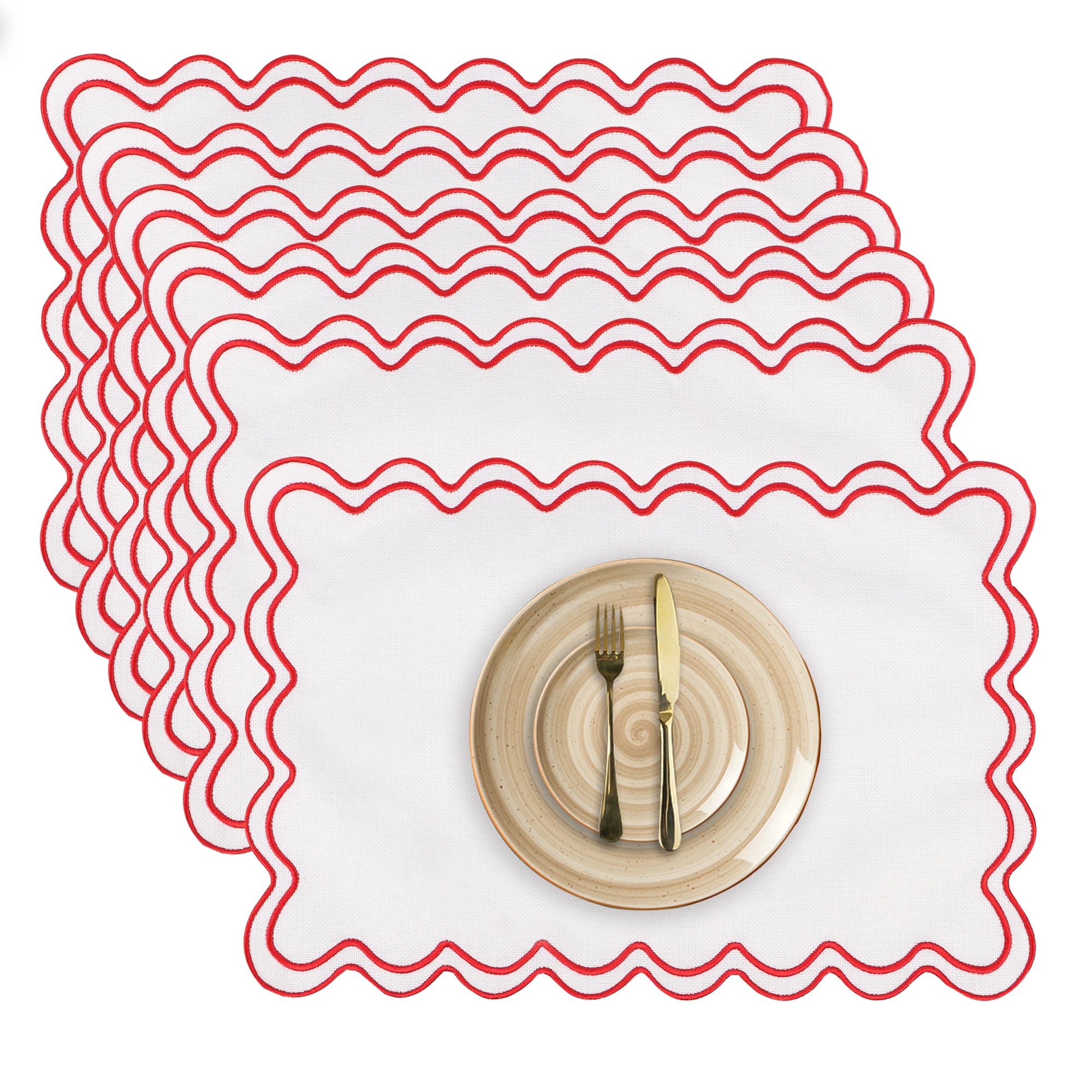 Conjuntos americanos de linho de algodão, conjunto de 6, 13 ''x 19'' bordados ondulados, placemats recortados, laváveis, rústicos, à prova d'água, para jantar